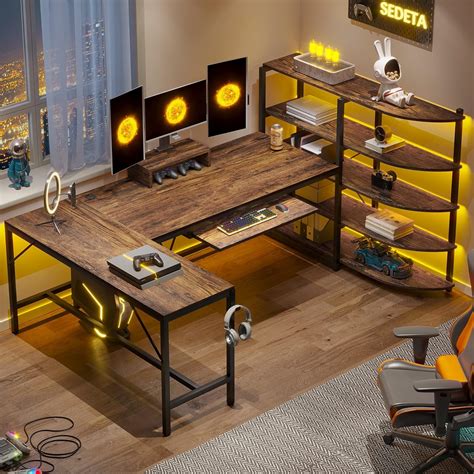 SEDETA L Shaped Gaming Desk, Reversible Computer Desk with Power Outlet and Pegboard, Gaming Desk with Led Lights, Keyboard Tray and Storage Bag for Home Office, Black Brand SEDETA 4. . Sedeta l shaped computer desk